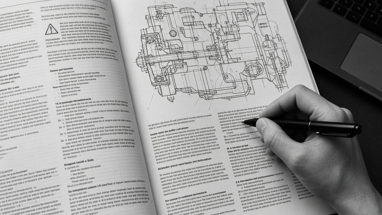 Open machinery manual being checked against a translation on a laptop